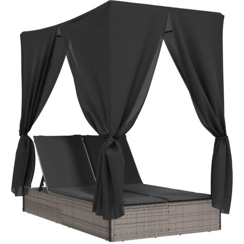 Vidaxl - Chaise longue double avec toit et rideaux gris résine tressée