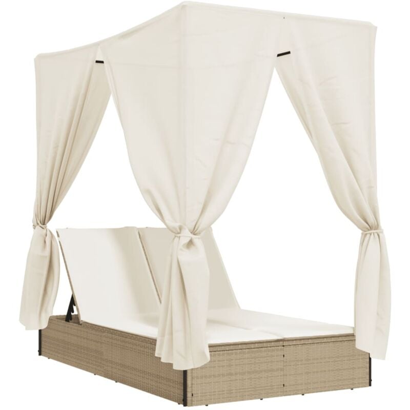 Chaise longue double avec toit et rideaux beige résine tressée vidaXL