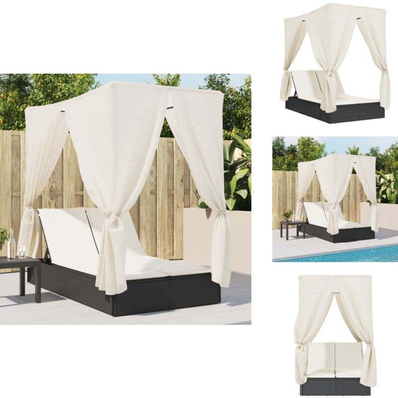 Chaise longue double avec toit et rideaux noir résine tressée - Chaises Longues Doubles - Transats - Salon De Jardin - Mobilier De Jardin - Chaises