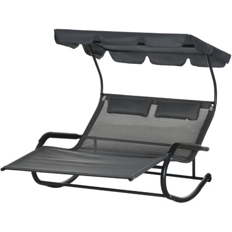 Chaise longue double avec toit solaire appui-têtes bain de soleil à bascule ergonomique 2 roues 200 x 139 x 140 cm noir