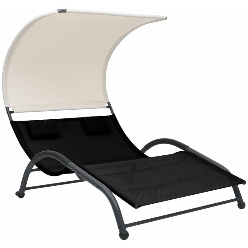Chaise longue double Bain de soleil Transat avec auvent Textilène Noir 66742