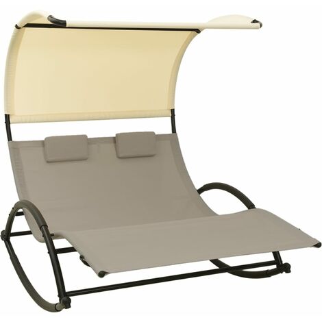Chaise longue double  Bain de soleil  Transat de relaxation avec auvent Textilène Taupe et crème BSRHS757631