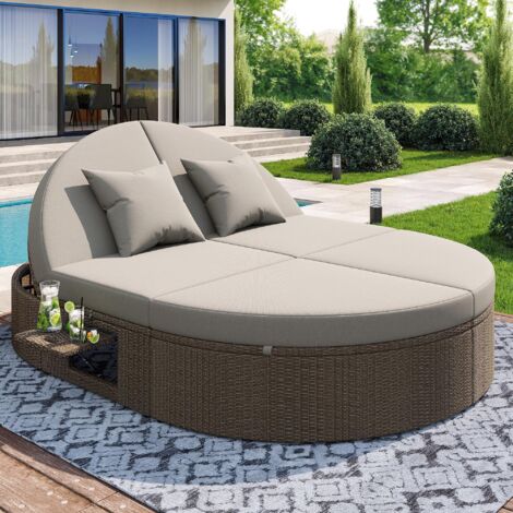 Chaise longue double en rotin, lit de jour extérieur, dossier réglable, tablette latérale et table pliante, 2 personnes