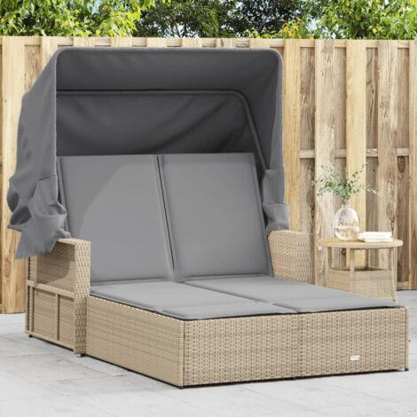 Chaise longue double et auvent et coussins-Bain de soleil-Transat de relaxation mélange beige rotin 330810