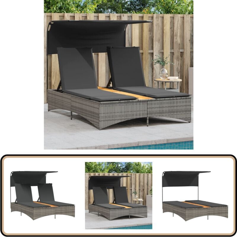 Chaise longue double et auvent et coussins gris résine tressée - Chaise Longue - Bain De Soleil - Fauteuil De Jardin - Meuble De Jardin - Résine