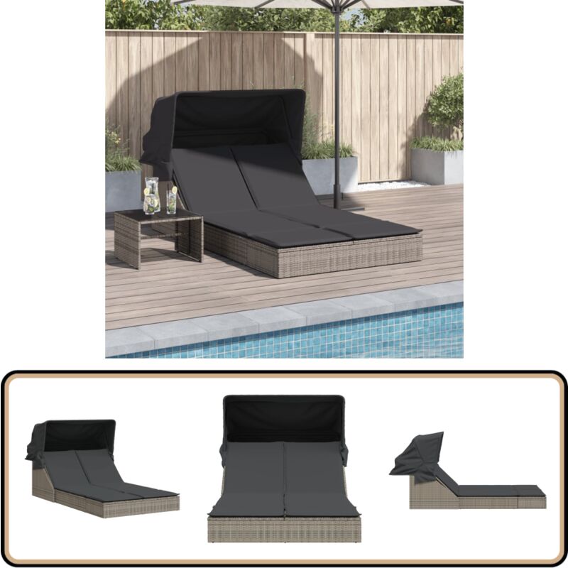 Chaise longue double et auvent et coussins gris résine tressée - Chaises Longues Doubles - Transats - Salon De Jardin - Mobilier De Jardin - Chaises