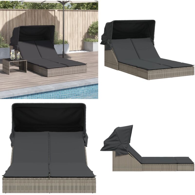 Chaise longue double et auvent et coussins gris résine tressée - Chaises Longues Doubles - Transats - Salon De Jardin - Mobilier De Jardin - Chaises