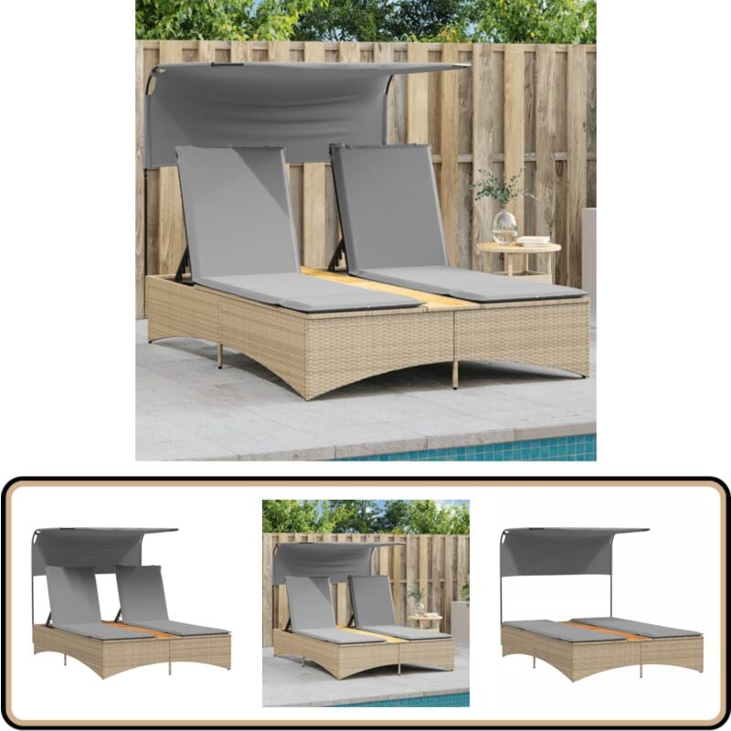 Chaise longue double et auvent et coussins mélange beige rotin - Chaise Longue - Bain De Soleil - Meuble De Jardin - Salon De Jardin - Fauteuil De