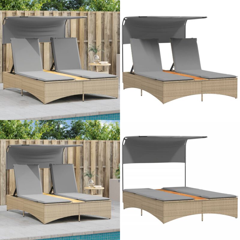 Chaise longue double et auvent et coussins mélange beige rotin - Chaise Longue - Bain De Soleil - Meuble De Jardin - Salon De Jardin - Fauteuil De