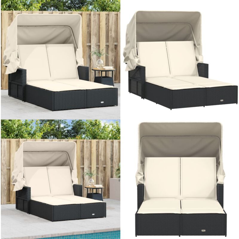Chaise longue double et auvent et coussins noir résine tressée - Chaises Longues Doubles - Chaises Longues - Transats - Lit De Bronzage - Mobilier De