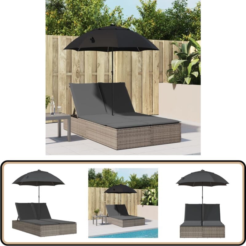Chaise longue double et coussins et parasol gris résine tressée - Chaises Longues Doubles - Transats - Lit De Bronzage - Mobilier De Jardin - Chaises