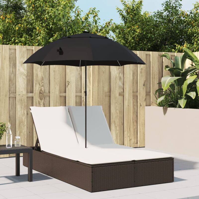 Chaise longue double avec coussins et parasol marron poly rotin - Vidaxl