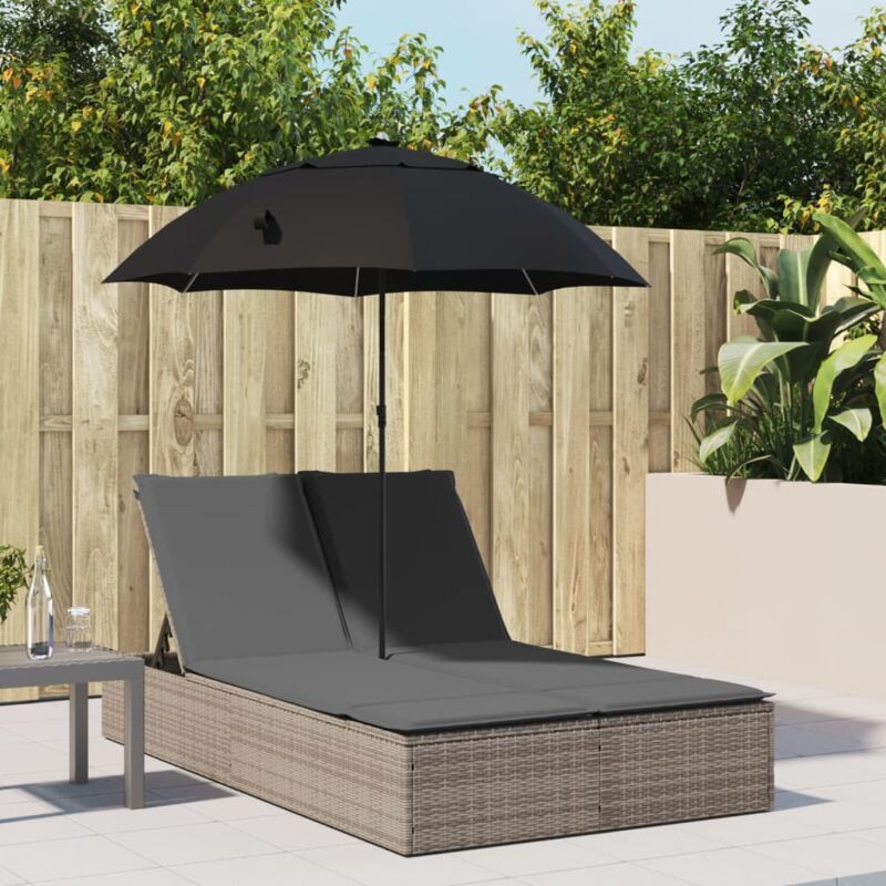 Chaise longue double et coussins et parasol gris résine tressée - Vidaxl
