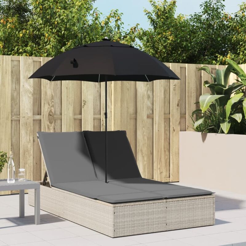 Chaise longue double avec coussins et parasol gris clair rotin Vidaxl