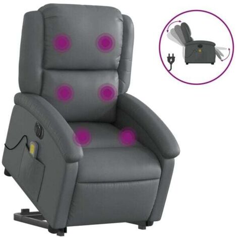 Chaise longue électrique de massage en similicuir gris – Réglable en hauteur, fonction chauffage dorsale et vibration, appui-tête et repose-pieds inclinables