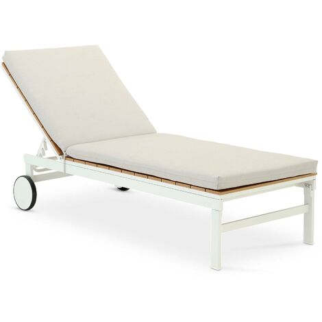 Chaise longue en aluminium blanc et polywood imitation bois avec coussin et roulettes - Osaka