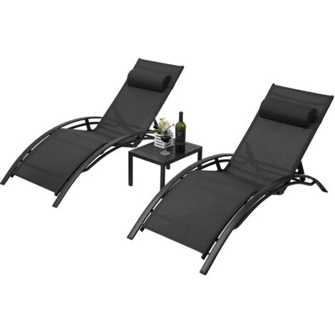 Chaise longue en aluminium pour l'extérieur, 5 positions réglables, table, piscine, jardin, plage, camping, arrière-cour, 3 pièces