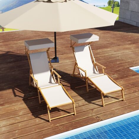 Chaise Longue en Bois de Bouleau Chaise Longue de Plage Pliable avec Canopée Réglable Dossier Incliné et Repose-pieds Beige