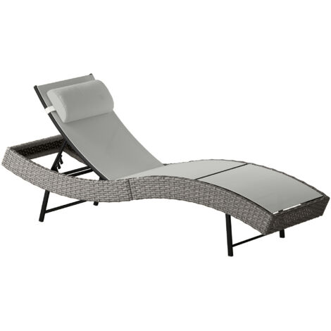 Chaise longue en résine tressé, bain de soleil avec dossier réglable 5 positions et appui-tête, 198 x 61 x 44 cm, gris