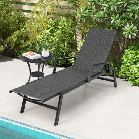 Chaise Longue en Rotin Chaise Inclinable en Osier PE Tissé avec Accoudoirs et Dossier à 5 Positions Cadre en Métal Robuste Fauteuil Inclinable Marron