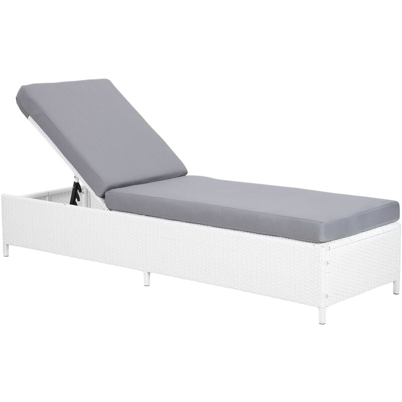 Chaise Longue de Jardin ou Terrasse en Rotin Blanc avec Coussin Gris Inclus Dossier Réglable et Design Moderne Intemporel et Élégant Beliani