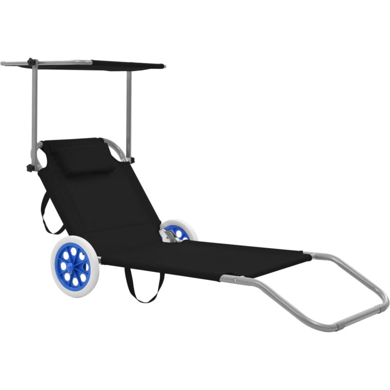 Doc&et² - Chaise longue pliable avec auvent et roues Acier Noir - Noir