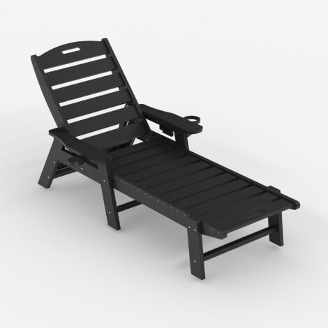 Chaise Longue HDPE Réglable 5 Positions + Porte-gobelet, Pliable Jusqu’à 150 kg, pour Jardin Terrasse Balcon Piscine, Noir