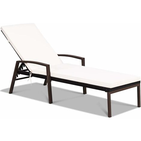 Chaise Longue in Rattan per Cortile, Lettino Sdraio da Giardino, con Cuscino e Braccioli Regolabili, Ideale per Giardino Balcone Piscina