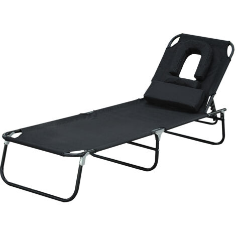 Chaise longue jardin dossier réglable 4 niveaux cadre acier trou lecture, 190x56x28 cm, noir