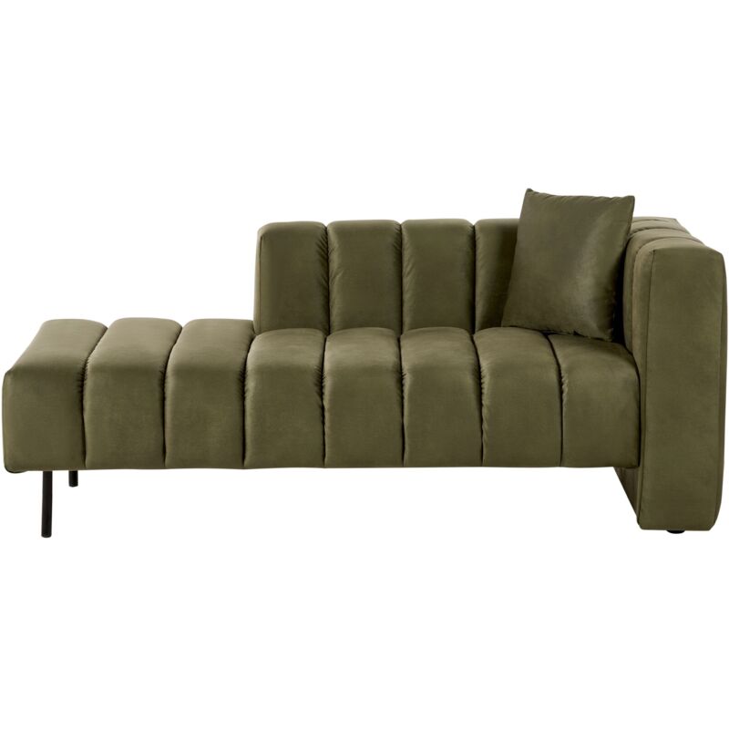 Beliani - Chaise Longue Moderne Droite avec Coussin Supplémentaire en Velours Vert Olive et Pieds Noirs Lannils