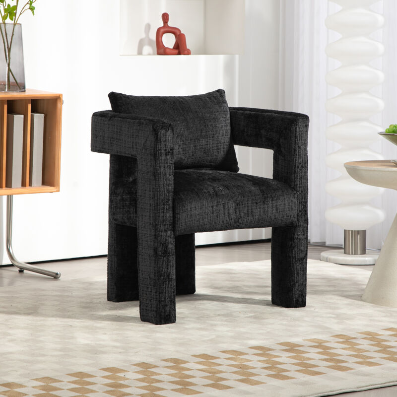 Okwish - Chaise longue, chaise de salle à manger avec accoudoirs creux, coussin confortable, pour salon, chambre et bureau, en chenille, noir