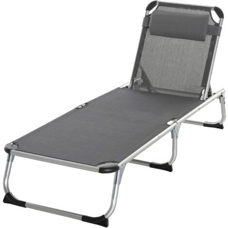 Chaise Longue Pliable avec Appui-tête et Dossier Réglable en Aluminium 60x165x76cm Gris