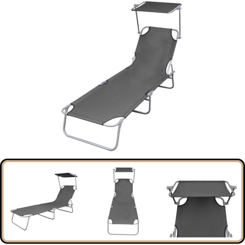 Chaise longue pliable avec auvent Acier Gris - Chaises Longues Pliantes - Transats - Mobilier De Jardin - Chaises Longues Avec Auvent - Relaxations