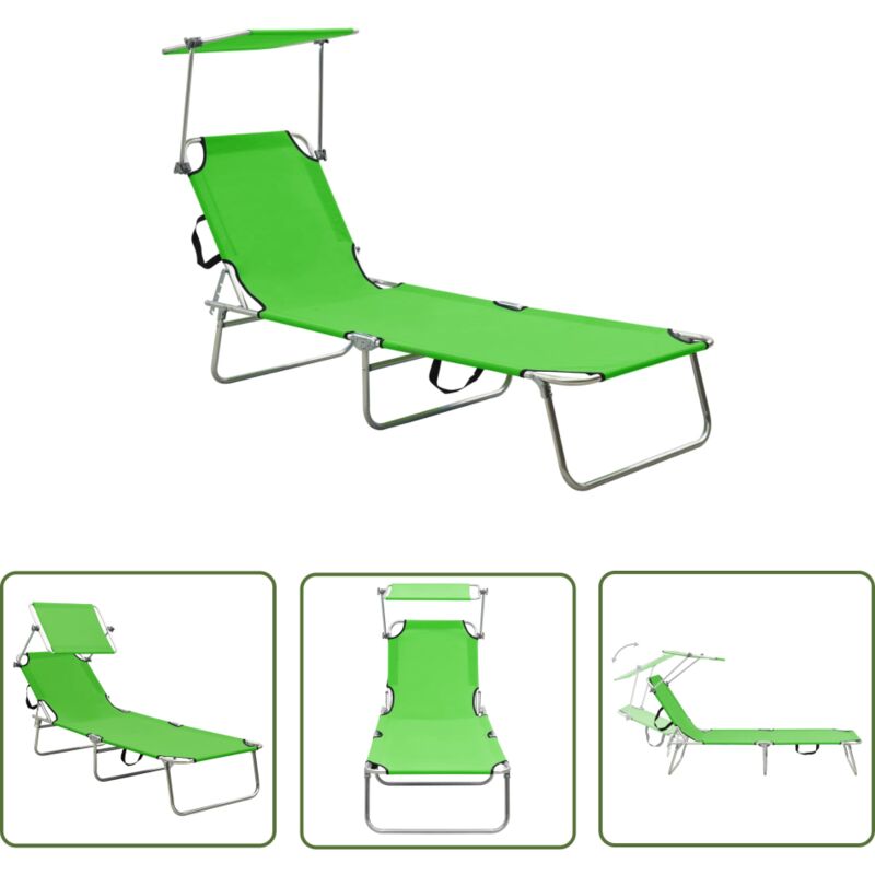 The Living Store Chaise longue pliable avec auvent acier vert pomme - Chaises Longues Pliables - Transats - Mobilier De Jardin - Chaises Longues Avec