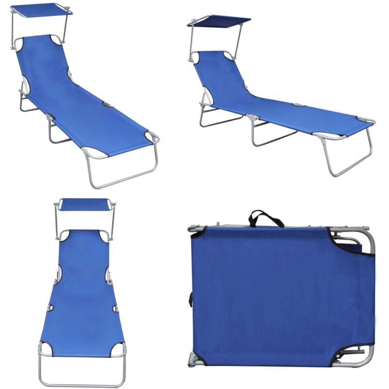 Chaise longue pliable avec auvent Bleu Aluminium - Transat - Chaise Longue - Jardin - Extérieur - Relaxer - Home & Living