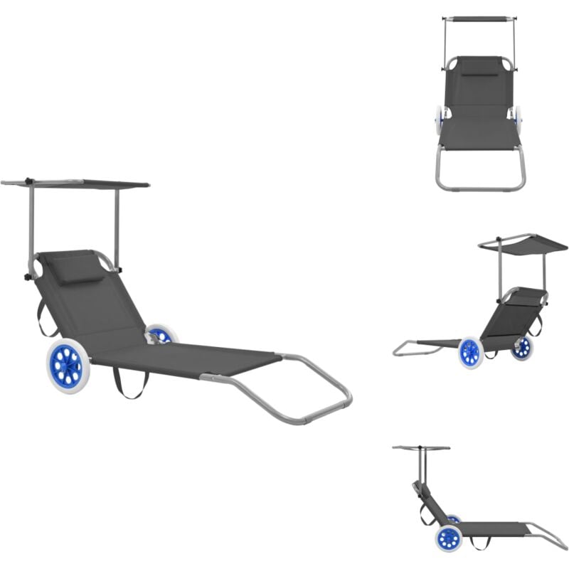 Chaise longue pliable avec auvent et roues Acier Gris - Chaise Longue Pliable - Transat - Mobilier De Jardin - Chaise Lounge - Relaxer