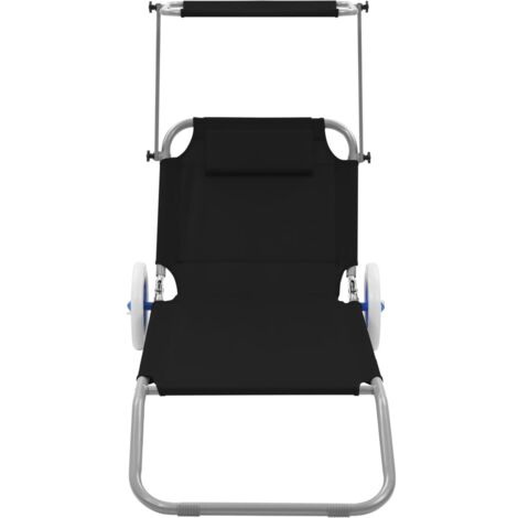 Chaise longue pliable avec auvent et roues Acier Noir