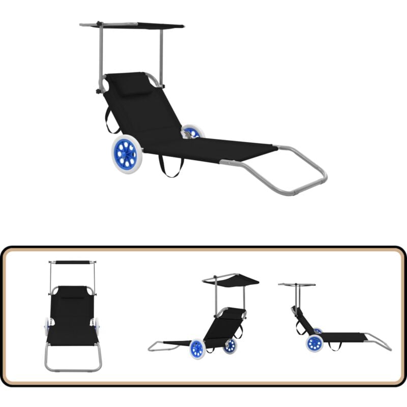 Chaise longue pliable avec auvent et roues Acier Noir - Chaises Longues Pliantes - Chaises Longues Avec Auvent - Transats Pliants - Mobilier De