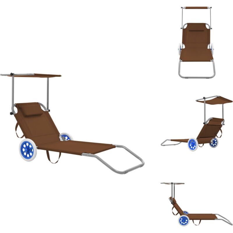 Chaise longue pliable avec auvent et roues Acier Taupe - Chaise Longue Pliable - Transat - Fauteuil De Jardin - Mobilier De Jardin - Relax