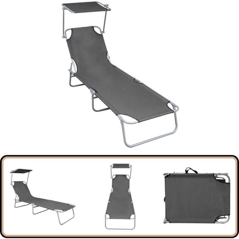 Chaise longue pliable avec auvent Gris Aluminium - Transat - Chaise Longue - Mobilier De Jardin - Jardin - Piscine