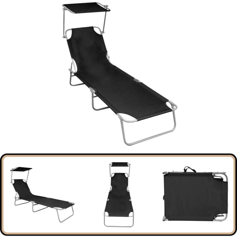 Chaise longue pliable avec auvent Noir Aluminium - Transat - Chaise Longue - Mobilier De Jardin - Jardin - Terrasse