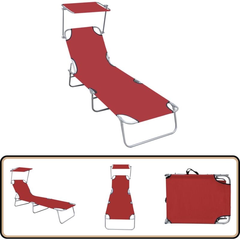 Chaise longue pliable avec auvent Rouge Aluminium - Transat - Chaise Longue - Jardin - Extérieur - Piscine