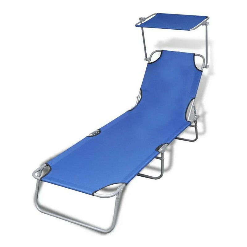 Chaise longue pliable avec auvent tissu bleu et métal Sher
