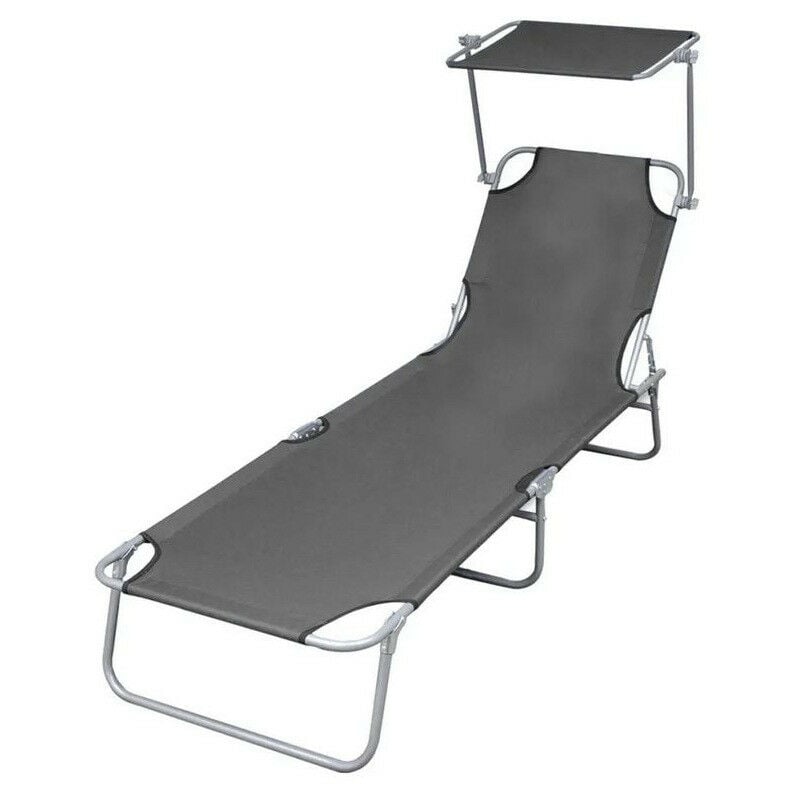 Chaise longue pliable avec auvent tissu gris et métal Sher