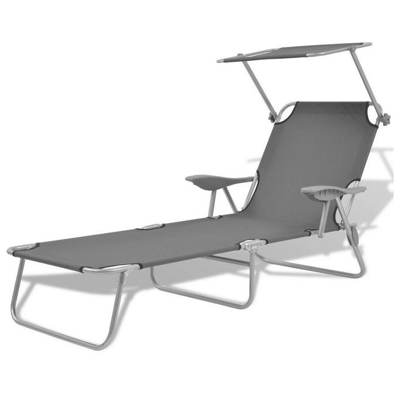 Chaise longue pliable avec auvent tissu gris et métal Zita