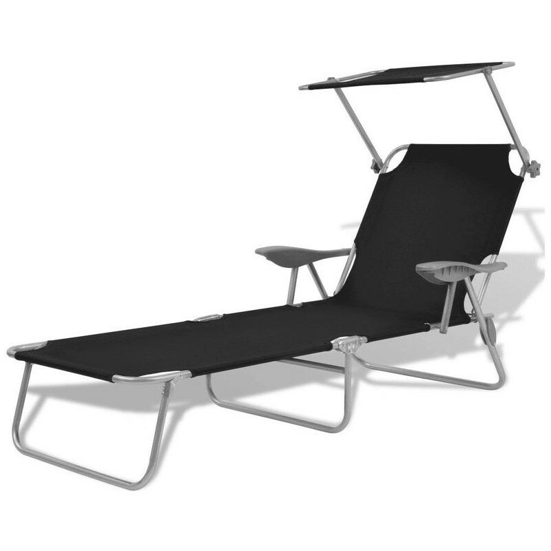 Chaise longue pliable avec auvent tissu noir et métal gris Zita