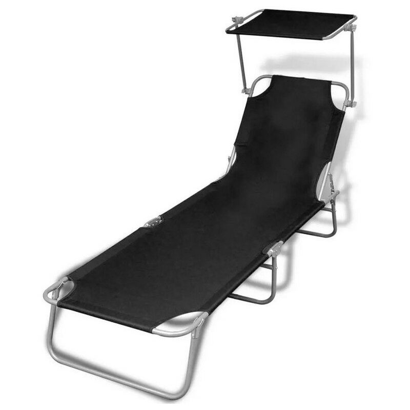 Chaise longue pliable avec auvent tissu noir et métal Sher