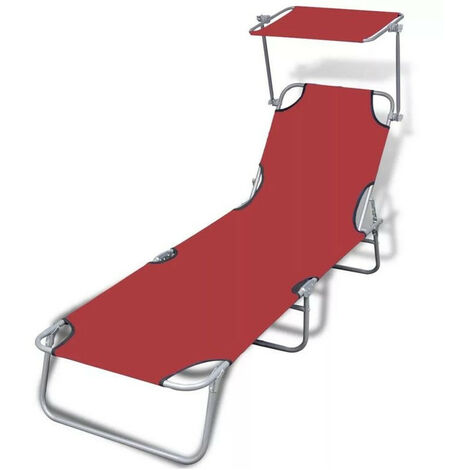 Chaise longue pliable avec auvent tissu rouge et métal Sher