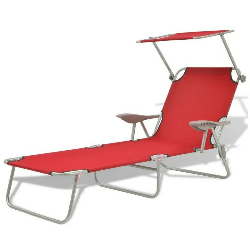 Chaise longue pliable avec auvent tissu rouge et métal Zita