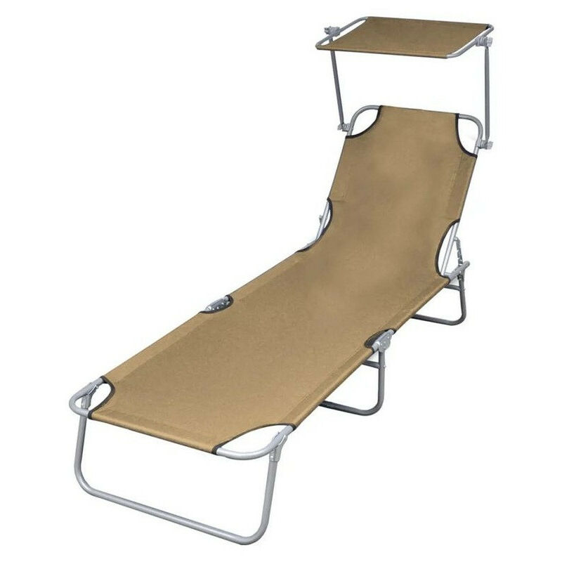 Chaise longue pliable avec auvent tissu taupe et métal Sher